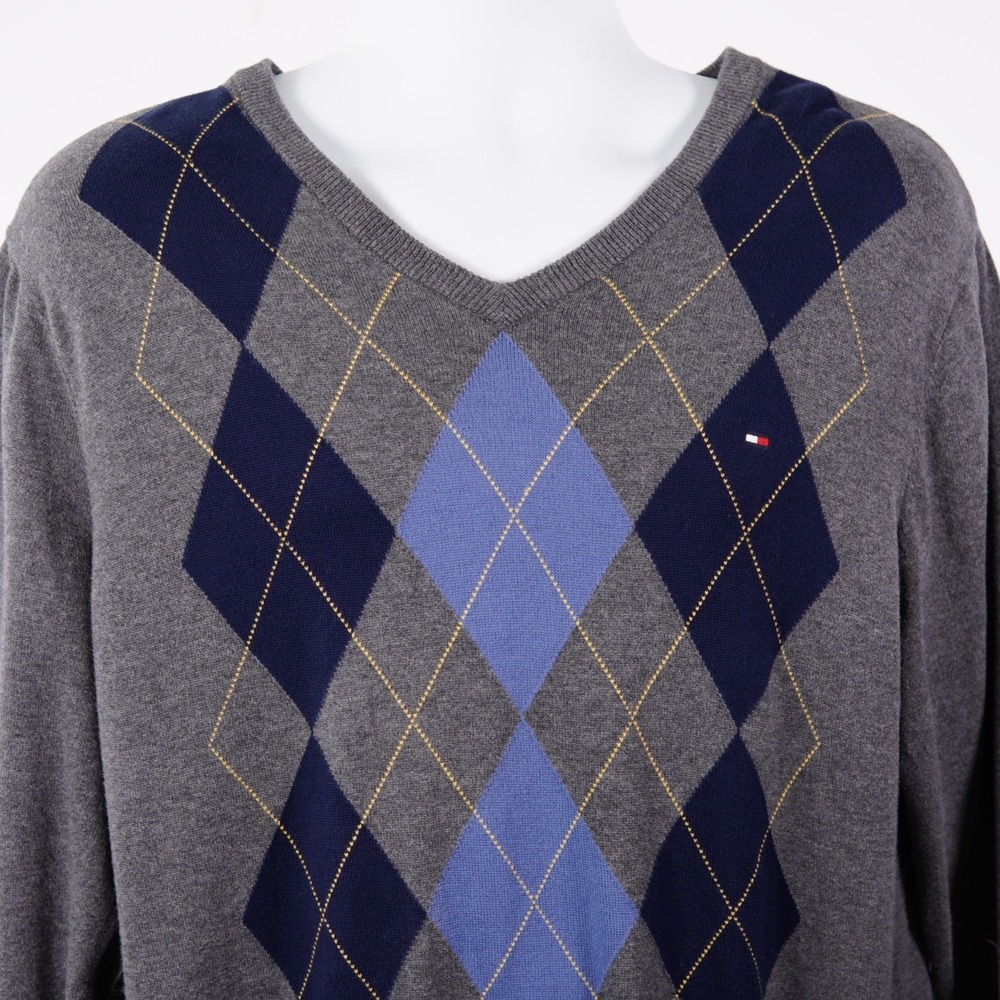 Tommy Hilfiger Men's XL Gray Blue Knit Argyle V-Neck Sweater Pullover Cotton